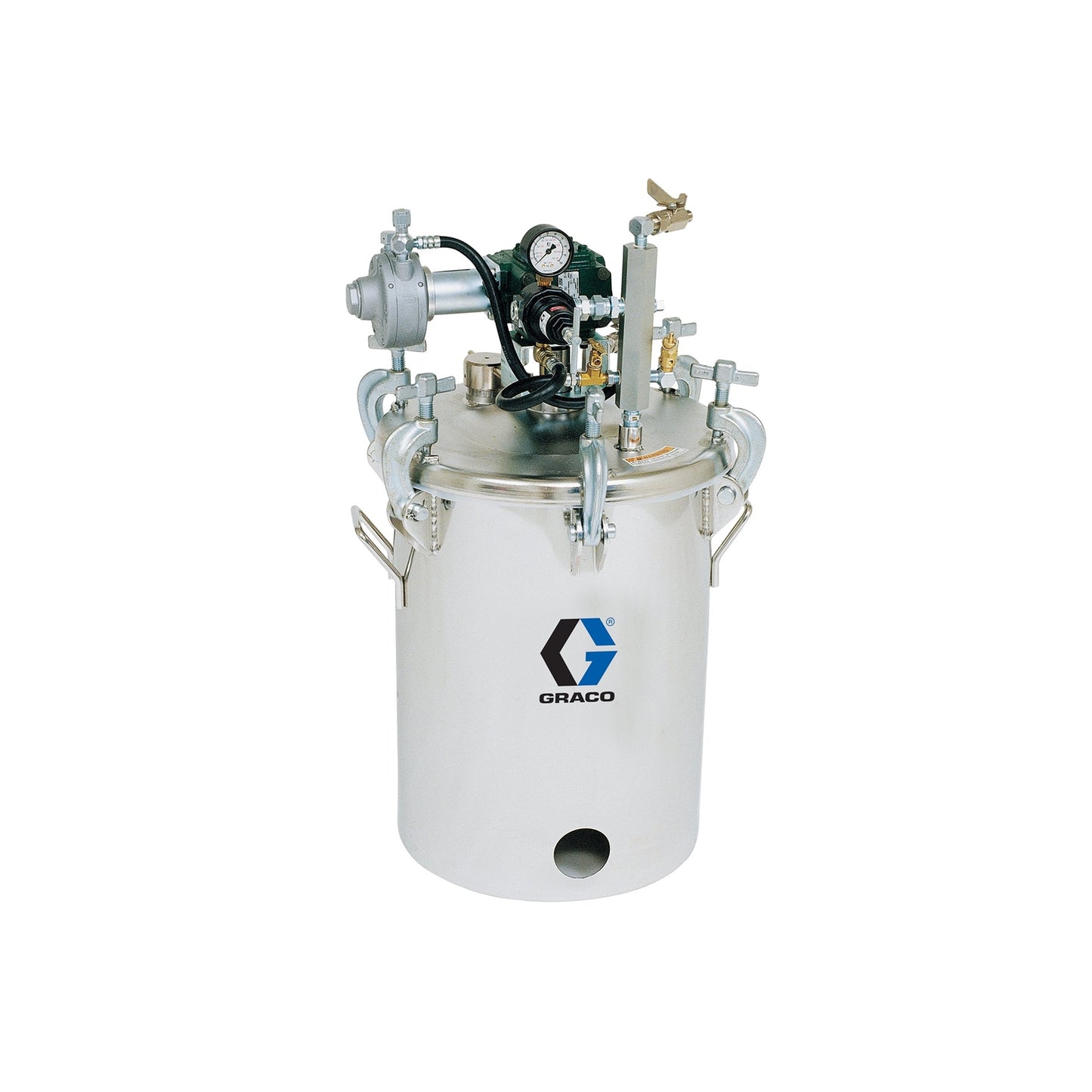 GRACO 5 Gallon High Pressure (HVLP) Pot with Agitator, Regulated to 100 psi, ASME Rated, 30.5 in (77.5 cm), 74 lbs (34 kg), SST (Part No. 236152)