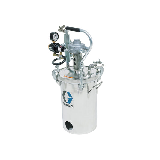 GRACO 2 Gallon High Pressure (HVLP) Pot with Agitator, Regulated to 100 psi, ASME Rated, 26 in (66 cm), 38 lbs (17 kg), SST (Part No. 236158)