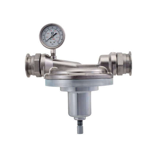 GRACO Corrosion Resistant Fluid Back Pressure Regulator, 300 Max psi, SST, Acetal & PTFE Wetted Parts, 1-1/4 (f) x 1-1/4 (f), with Gauge (Part No. 224486)