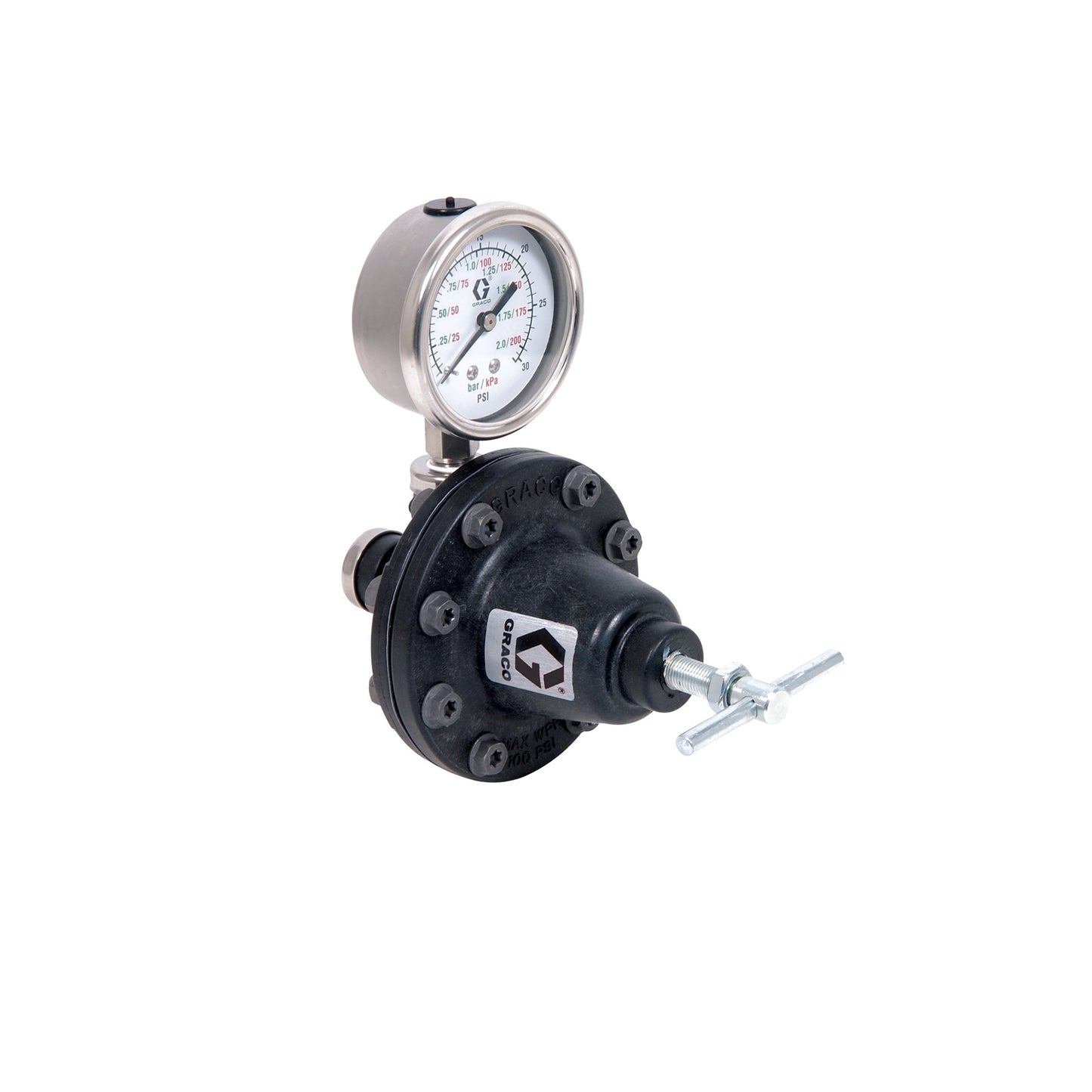 GRACO Low Pressure Lightweight Fluid Regulator, Gauge, 20-100 psi (1-7 bar), 0.5 gpm, Acetal, Spring, 1/4(f) x 1/4(f), 1/4(f) Port (Part No. 236450)