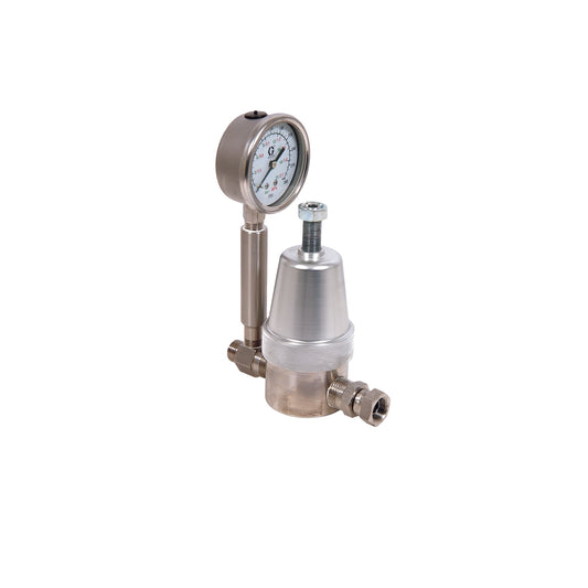 GRACO Back Pressure Regulator, Low Pressure Mini, 180 Max psi, SST, Manual, 3/8 (m) x 3/8 (f), with Gauge (Part No. 236770)