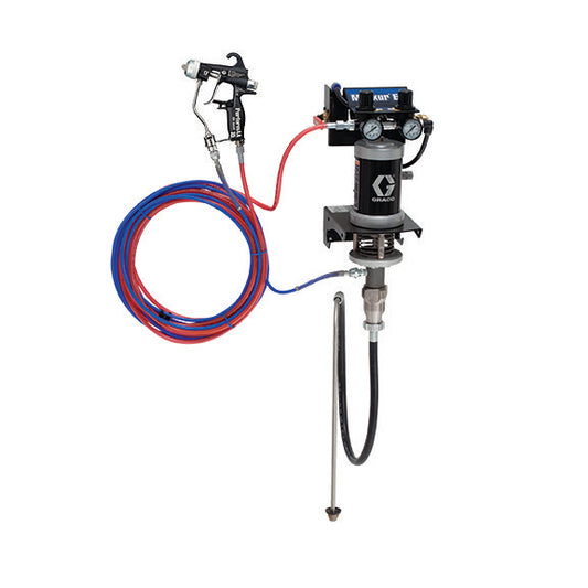 GRACO 15:1 Merkur ES Air Assisted Package, 0.4 gpm (1.5 lpm) fluid flow, wall mount, with PerformAA 15 gun, suction hose, and stainless steel (Part No. 24F158)