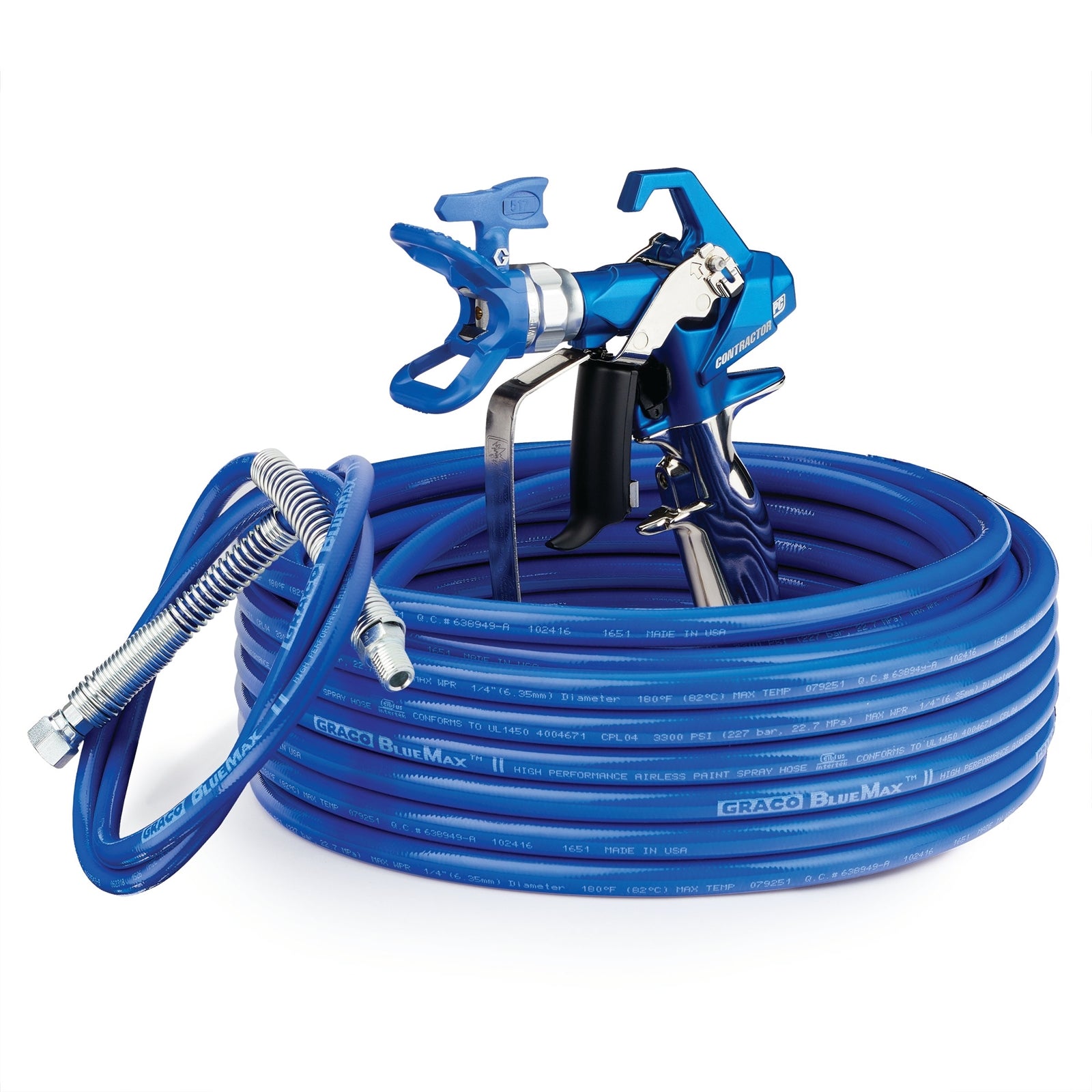 GRACO Contractor PC Airless Spray Gun, RAC X 517, BlueMax II Airless Hose 1/4 in x 50 ft, BlueMax II Airless Whip Hose 3/16 in x 4.5 ft (Part No. 17Y046)