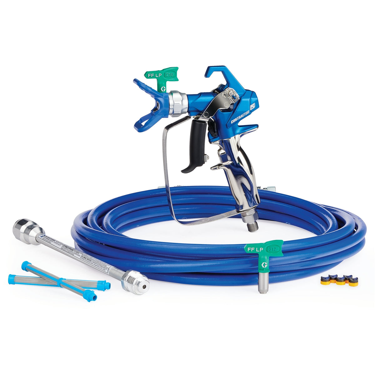 GRACO Contractor PC Airless Spray Gun Kit, RAC X FF LP 210 & 312, BlueMax II Airless Hose 3/16 in x 25 ft, 10 in Extension, 2 - 100 Mesh Filter (Part No. 17Y220)