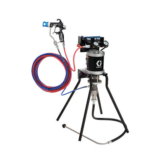 GRACO 30:1 Merkur ES Air Assisted Package, 0.4 gpm (1.5 lpm) fluid flow, standard mount, with PerformAA 50 gun, suction hose, and plated steel (Part No. 24F157)