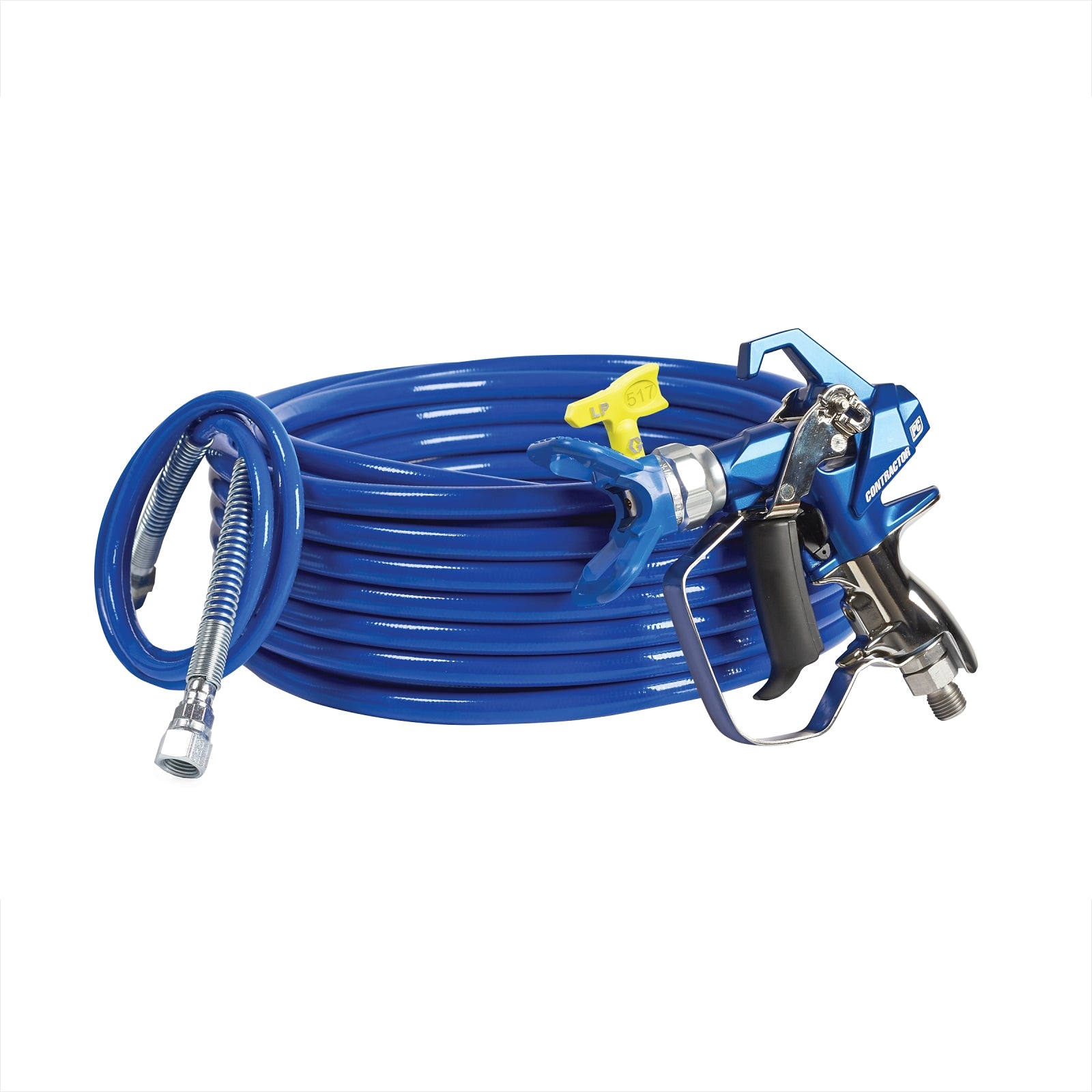 GRACO Contractor PC Compact Gun, 1/4 in x 50 ft BlueMax II Airless Hose, 1/8 in x 4.5 ft Whip Hose, RAC X LP 517 SwitchTip (Part No. 19Y489)