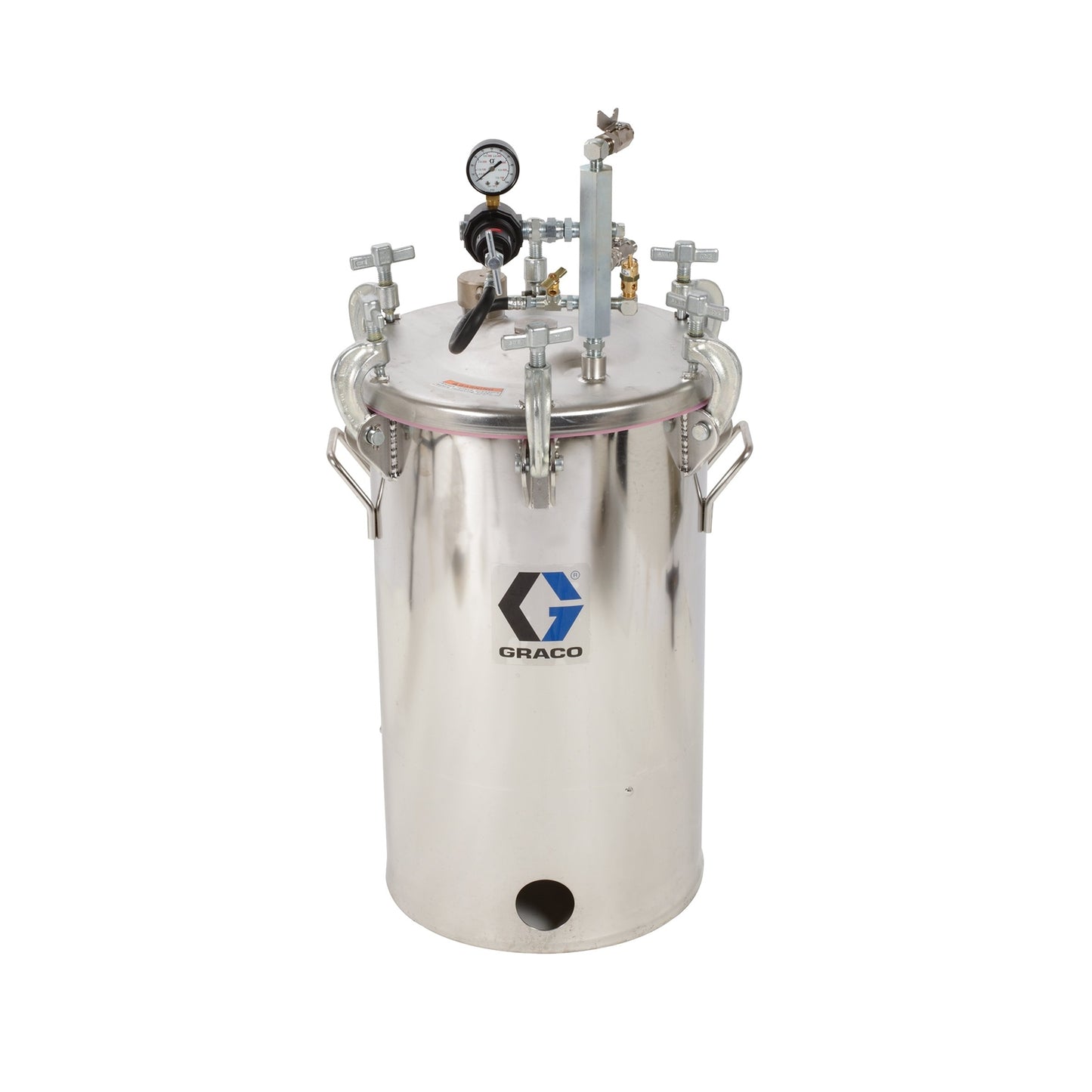 GRACO 10 Gallon High Pressure (HVLP) Pot, Regulated to 100 psi, ASME Rated, 33.9 in (88.0 cm), 76 lbs (35 kg), SST (Part No. 236150)