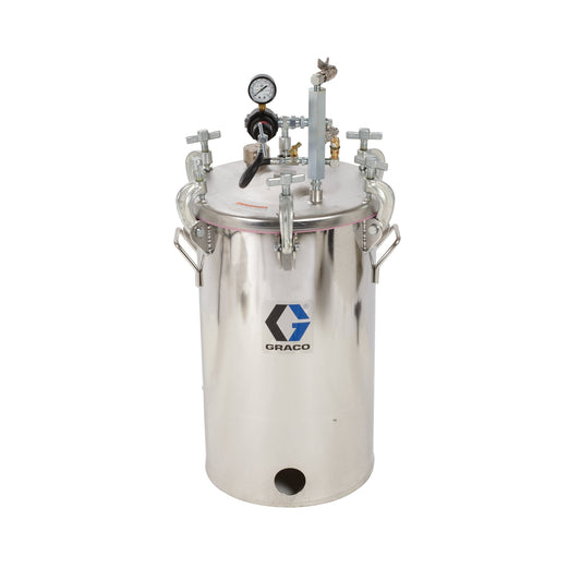 GRACO 10 Gallon High Pressure (HVLP) Pot, Regulated to 100 psi, ASME Rated, 33.9 in (88.0 cm), 76 lbs (35 kg), SST (Part No. 236150)