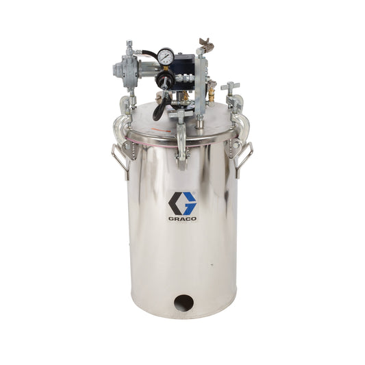 GRACO 10 Gallon High Pressure (HVLP) Pot with Agitator, Regulated to 100 psi, ASME Rated, 33.9 in (88 cm), 85 lbs (39 kg), SST (Part No. 236153)