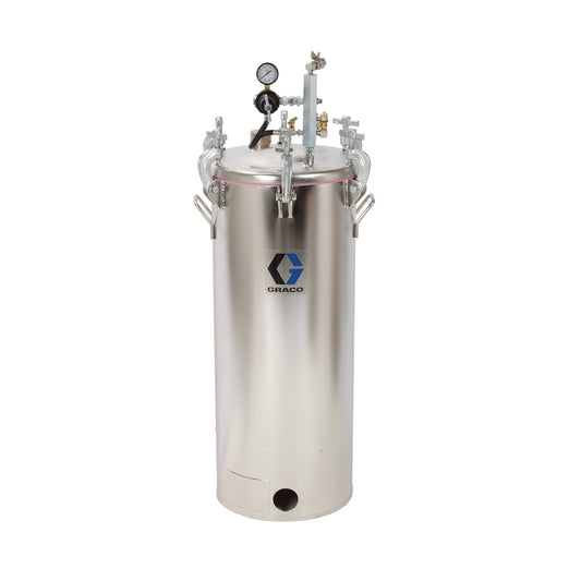 GRACO 15 Gallon Low Pressure (HVLP) Pot, Regulated to 15 psi, ASME Rated, 44.6 in (113.2 cm), 92 lbs (42 kg), SST (Part No. 236145)