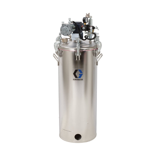 GRACO 15 Gallon Low Pressure (HVLP) Pot with Agitator, Regulated to 15 psi, ASME Rated, 44.6 in (113.2 cm), 101 lbs (46 kg), SST (Part No. 236148)