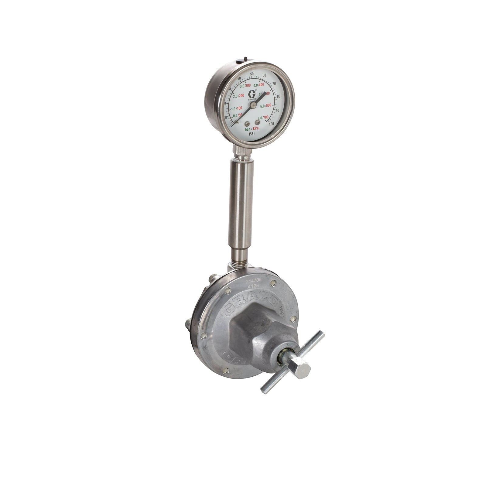 GRACO Low Pressure Fluid Regulator, 250 Max psi, 5-100 psi Range, 3.0 GPM, SST, Spring Type, 3/8 (f) x 3/8 (f), 1/4 (f) Port (Part No. 214895)