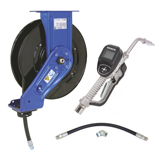 GRACO 240 SD™ 10 Package, Oil, 1/2 in. (13 mm) Inlet, 1/2 in. X 35 ft. (13 mm X 11 m) Hose, NPT, Includes Inlet Kit & SDM5 Rigid Extension Meter, Metallic Blue Reel (Part No. Not specified)