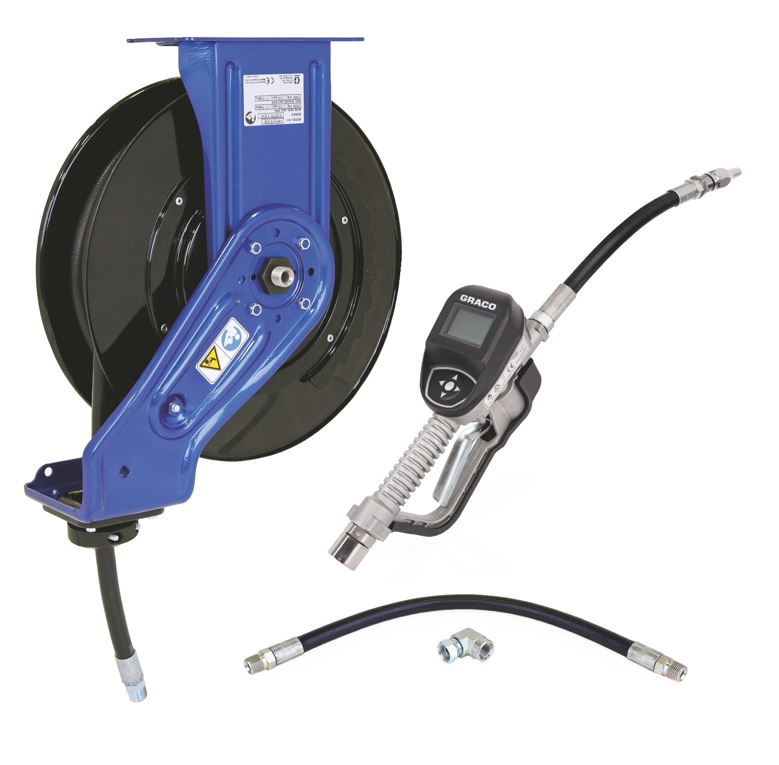 GRACO 2400 SD™ 10 Package, Oil, 1/2 in. (13 mm) Inlet, 1/2 in. X 35 ft. (13 mm X 11 m) Hose, NPT, Includes Inlet Kit & SDM5 Flexible Extension Meter, Metallic Blue Reel (Part No. Not specified)