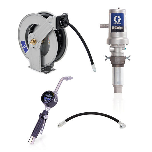 GRACO LD Series 5:1 Tank Mount Oil Pump with SD™ Series Hose Reel Package – Manual Meter Type (Part No. 24J777)