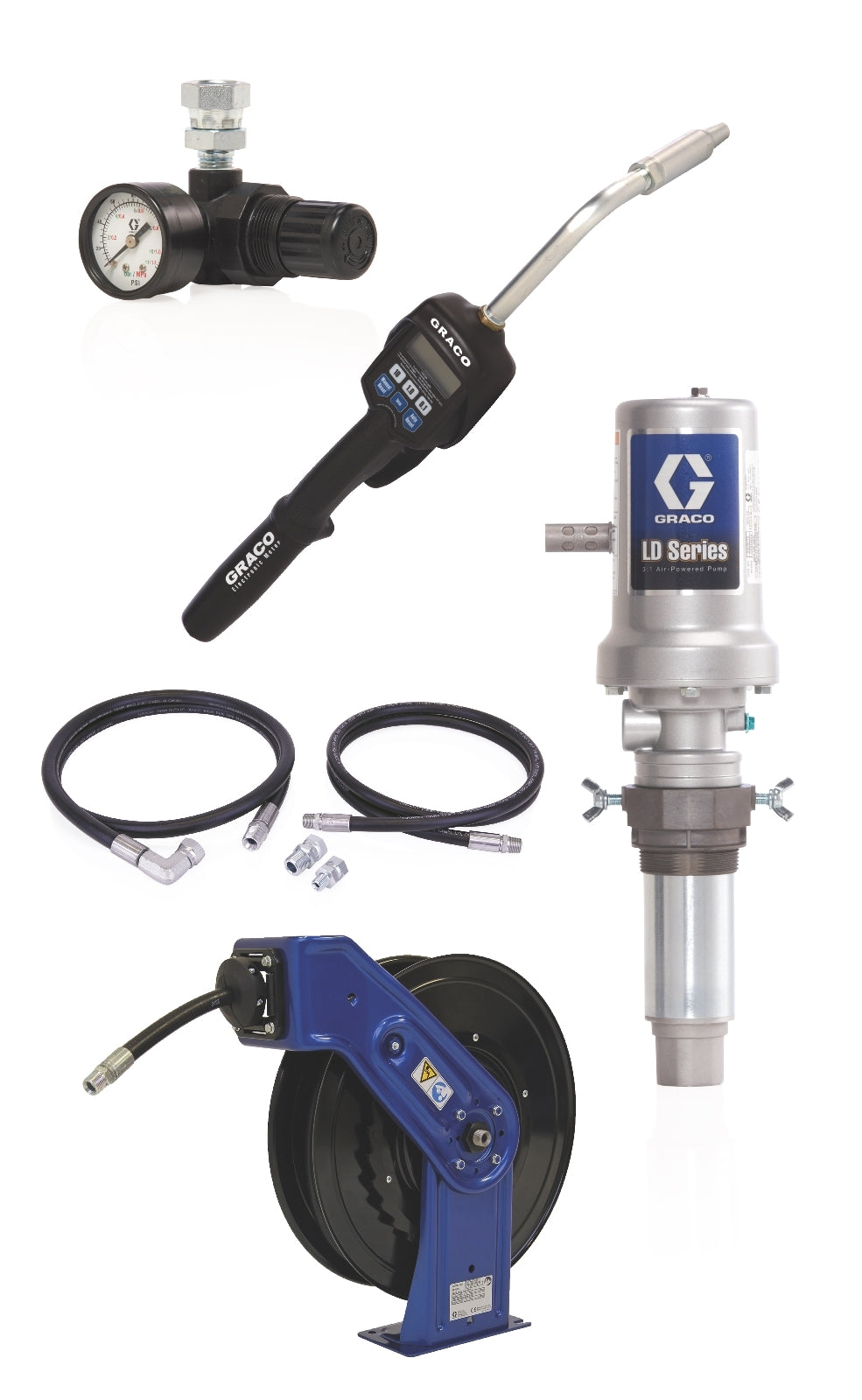 GRACO LD Series 3:1 Deluxe Tank Mount Oil Pump with SD™ Series 1/2 in. x 50 ft. Hose Reel Package - Preset Meter Type (Part No. 24K777)