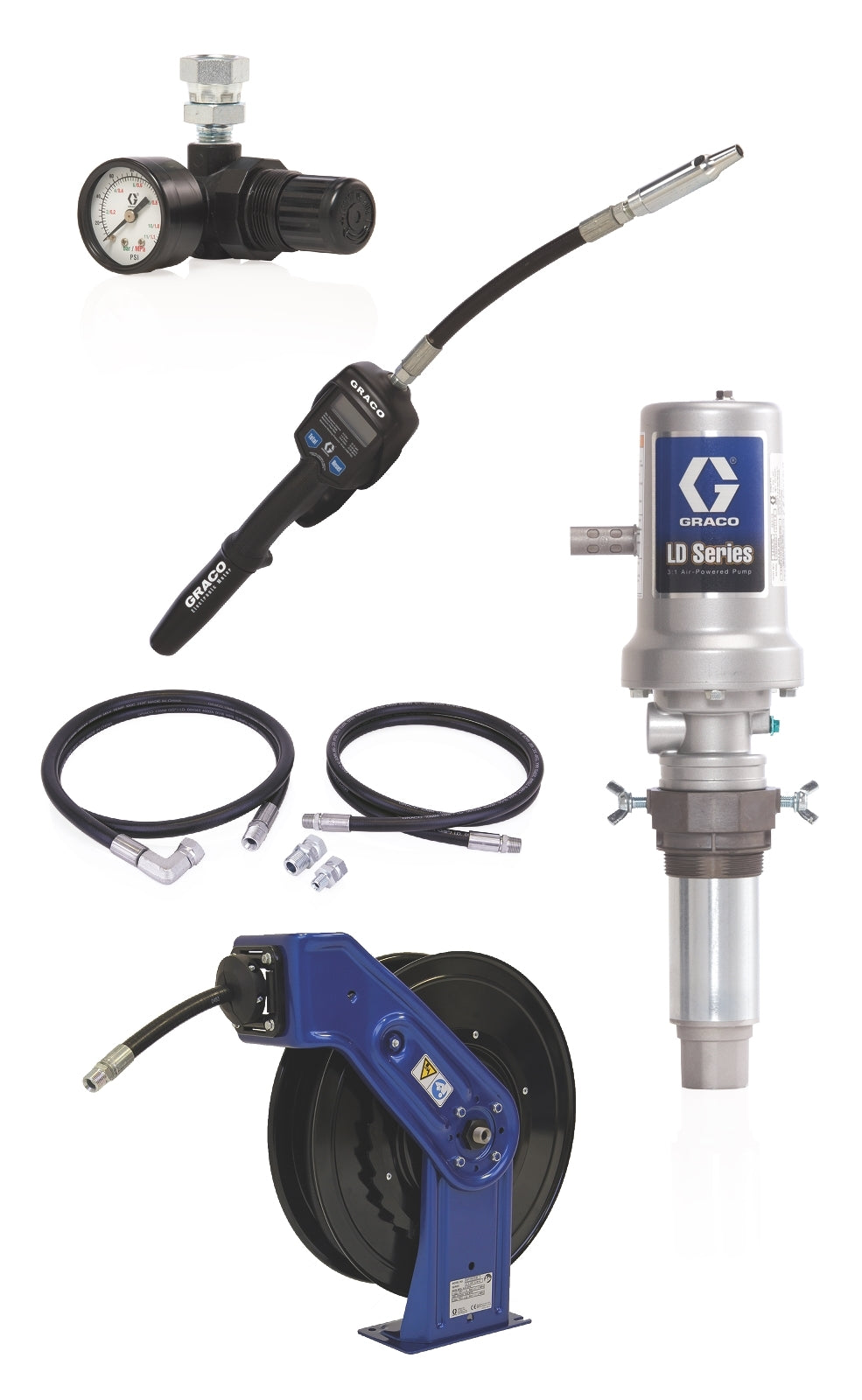 GRACO LD Series 3:1 Deluxe Tank Mount Oil Pump with SD™ Series 1/2 in. x 50 ft. Hose Reel Package - Manual Meter Type (Part No. 24K797)