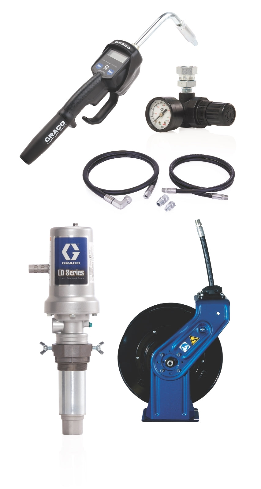 GRACO LD Series 3:1 Deluxe Tank Mount Oil Pump with SD™ Series 1/2 in. x 35 ft. Hose Reel Package - Manual Meter Type (Part No. 24K834)