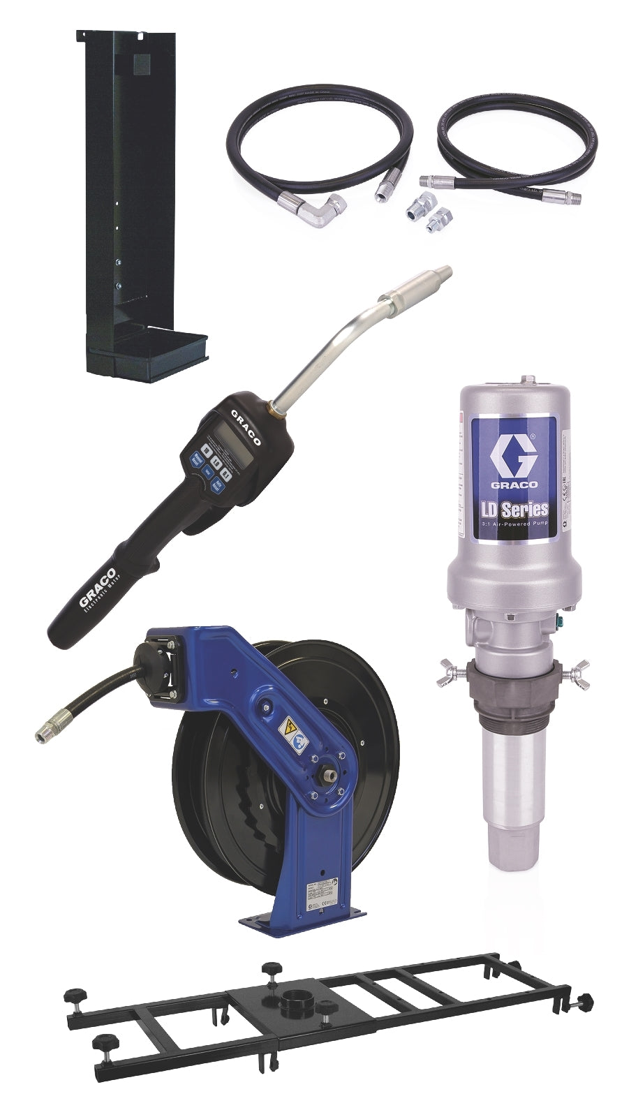GRACO LD Series 3:1 Deluxe Stationary 275 Gallon (1040 Liter) Oil Pump with SD™ Series Hose Reel Package - Preset Meter Type (Part No. 24K838)
