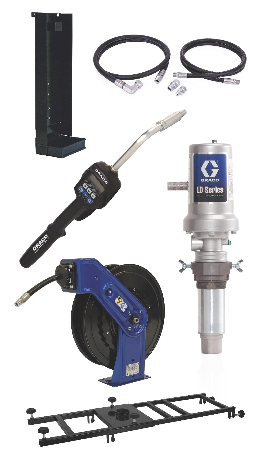 GRACO LD Series 5:1 Deluxe Stationary 275 Gallon (1040 Liter) Oil Pump with SD™ Series Hose Reel Package - Preset Meter Type (Part No. 24K839)