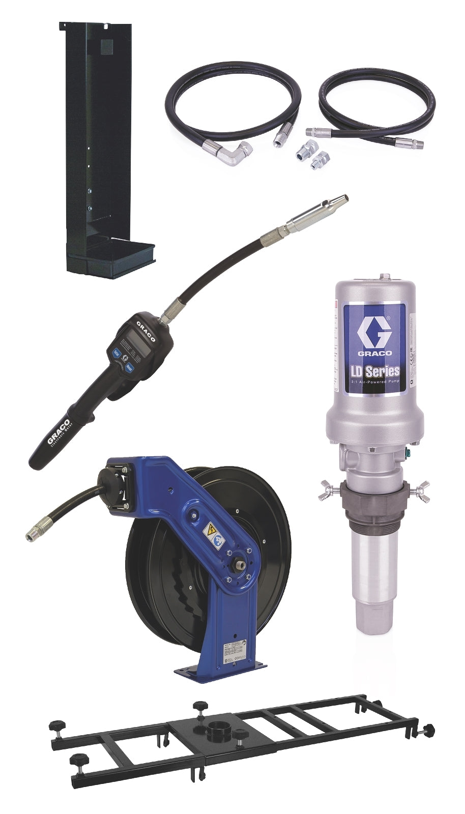 GRACO LD Series 3:1 Deluxe Stationary 275 Gallon (1040 Liter) Oil Pump with SD™ Series Hose Reel Package - Manual Meter Type (Part No. 24K842)