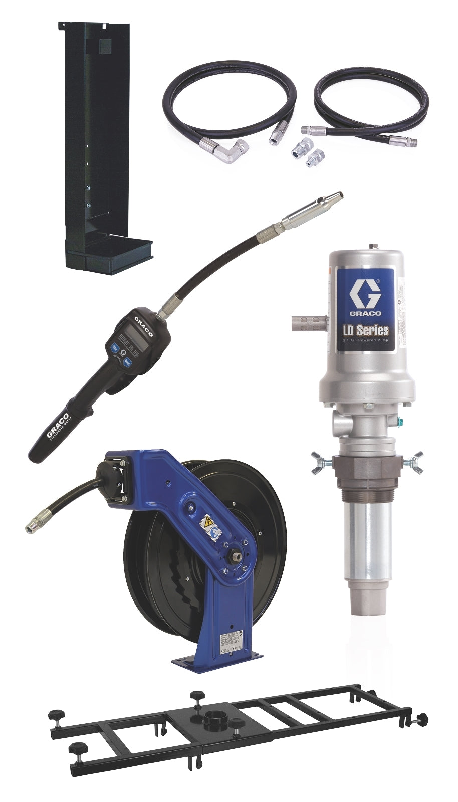 GRACO LD Series 5:1 Deluxe Stationary 275 Gallon (1040 Liter) Oil Pump with SD™ Series Hose Reel Package - Manual Meter Type (Part No. 24K843)