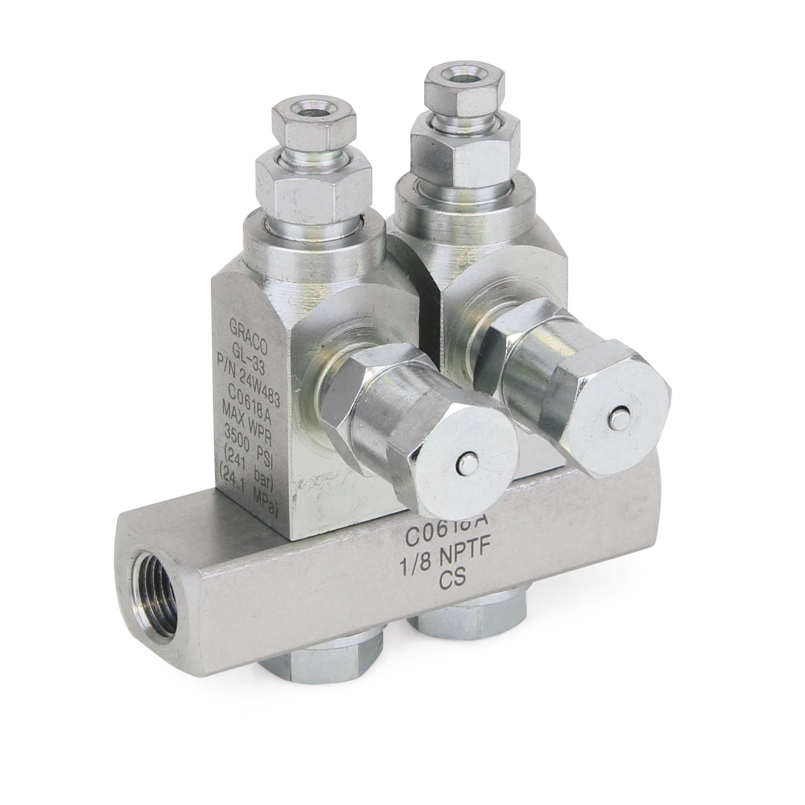 GRACO GL-33™ Grease Injector, Carbon Steel, 2 Injector Manifold, 1/8 in. BSPP x 6 mm (Part No. 24W502)