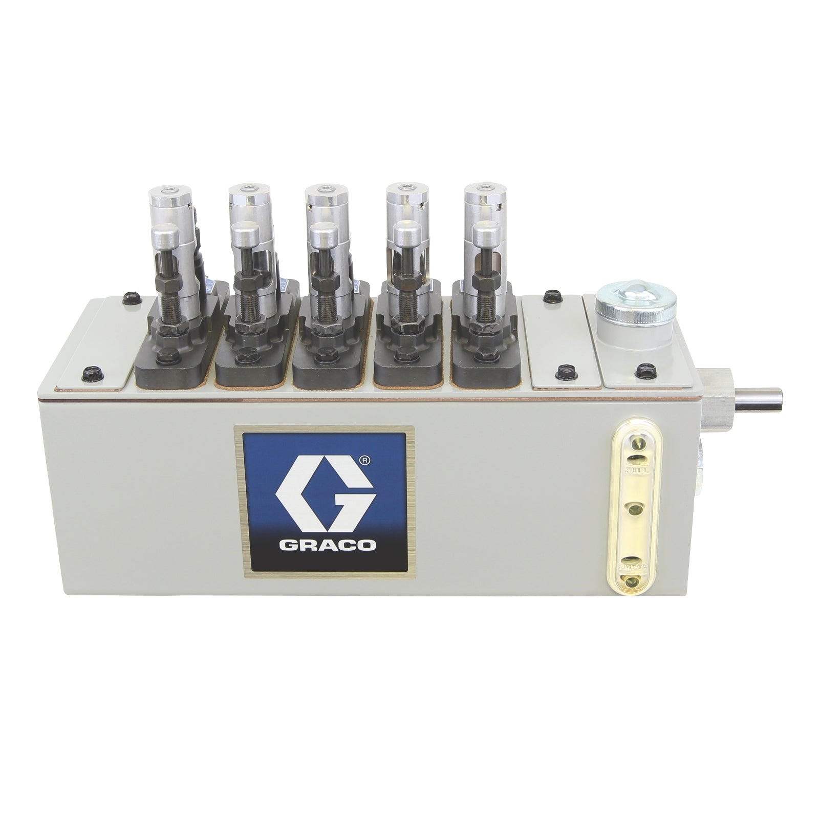 GRACO Manzel® MB118 Series Lubricator – 6 Pint (2.8 liter) Reservoir, 6 Pump Stations Max, 1/4 in GBL 7500 Pump (qty 5), 118:1 Drive on Right Hand End (Part No. 24W635)