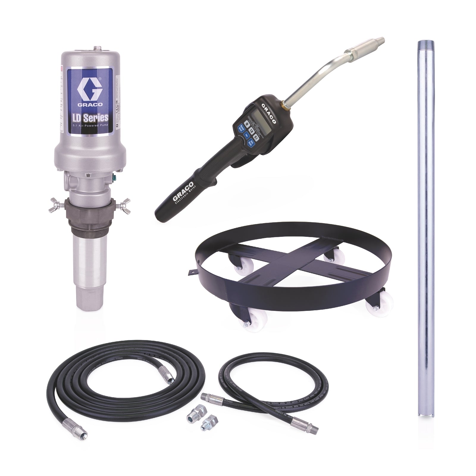 GRACO LD Series 5:1 Mobile 55 Gallon Oil Pump Package - Preset Meter, Rigid Extension, NPT (Part No. 25C556)