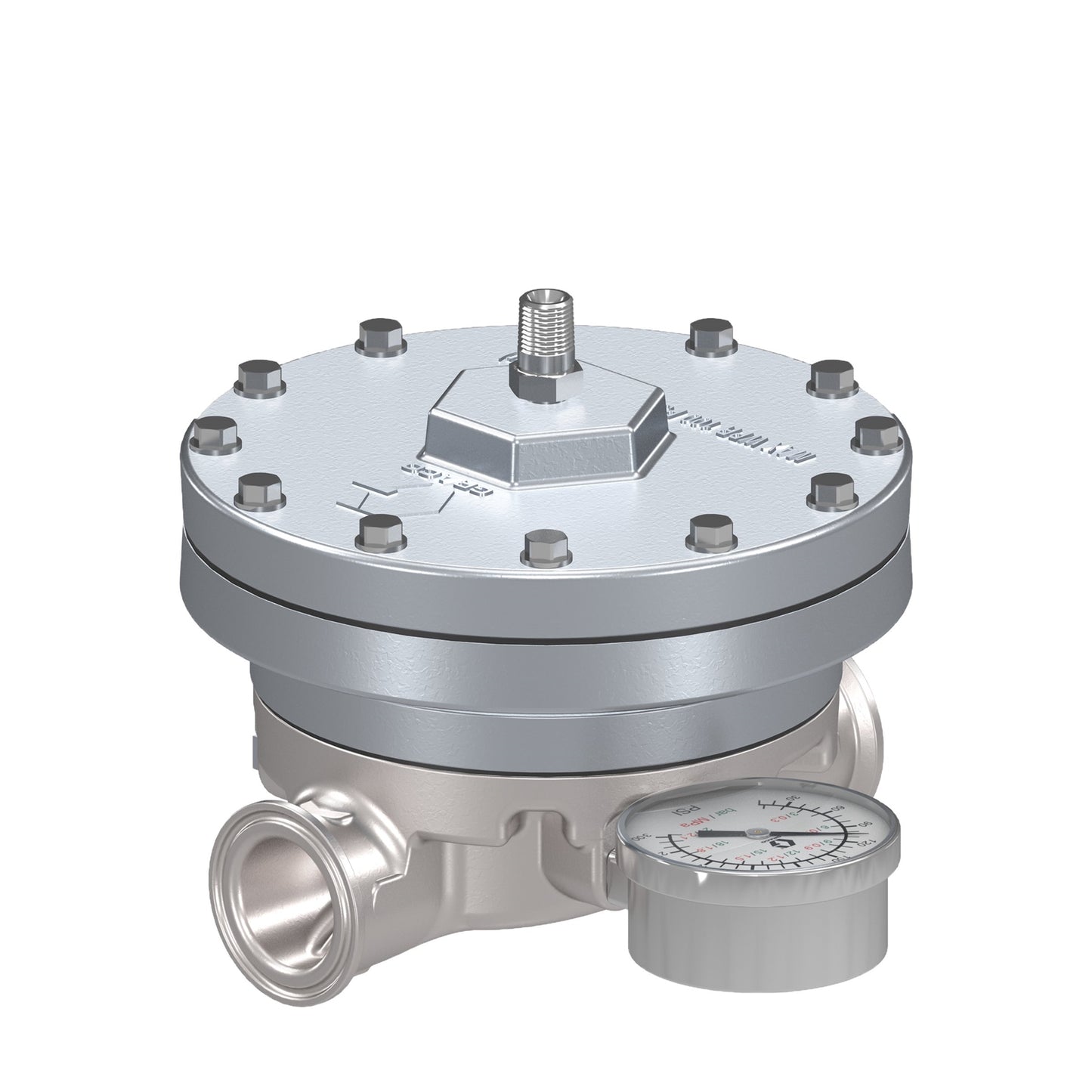 GRACO Low Shear Fluid Back Pressure Regulator, 300 Max psi, 25 gpm Max flow rate, SST, Pneumatic, high wear, sanitary inlet/outlet (Part No. 25R457)