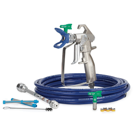 GRACO Contractor Airless Spray Gun Kit with RAC X FF LP 210 & 312, BlueMax II Airless Hose 3/16 in x 25 ft, 10 in Extension, 2-100 Mesh Filters (Part No. 288501)