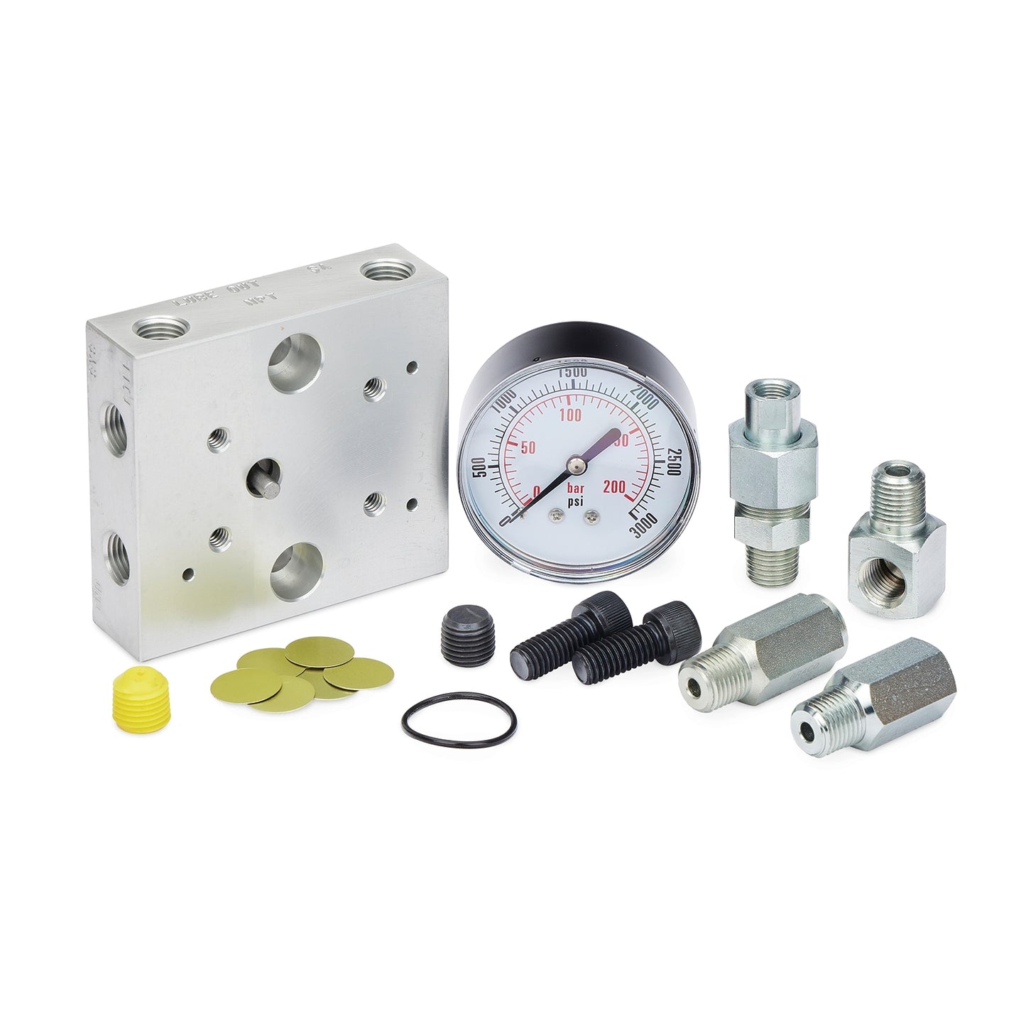 GRACO Pump-to-Reservoir Manifold for Modu-Flo Pumps, NPT, Dry Gauge, Fill Check, Outlet Check, Tubed Blowout (Part No. 563331)