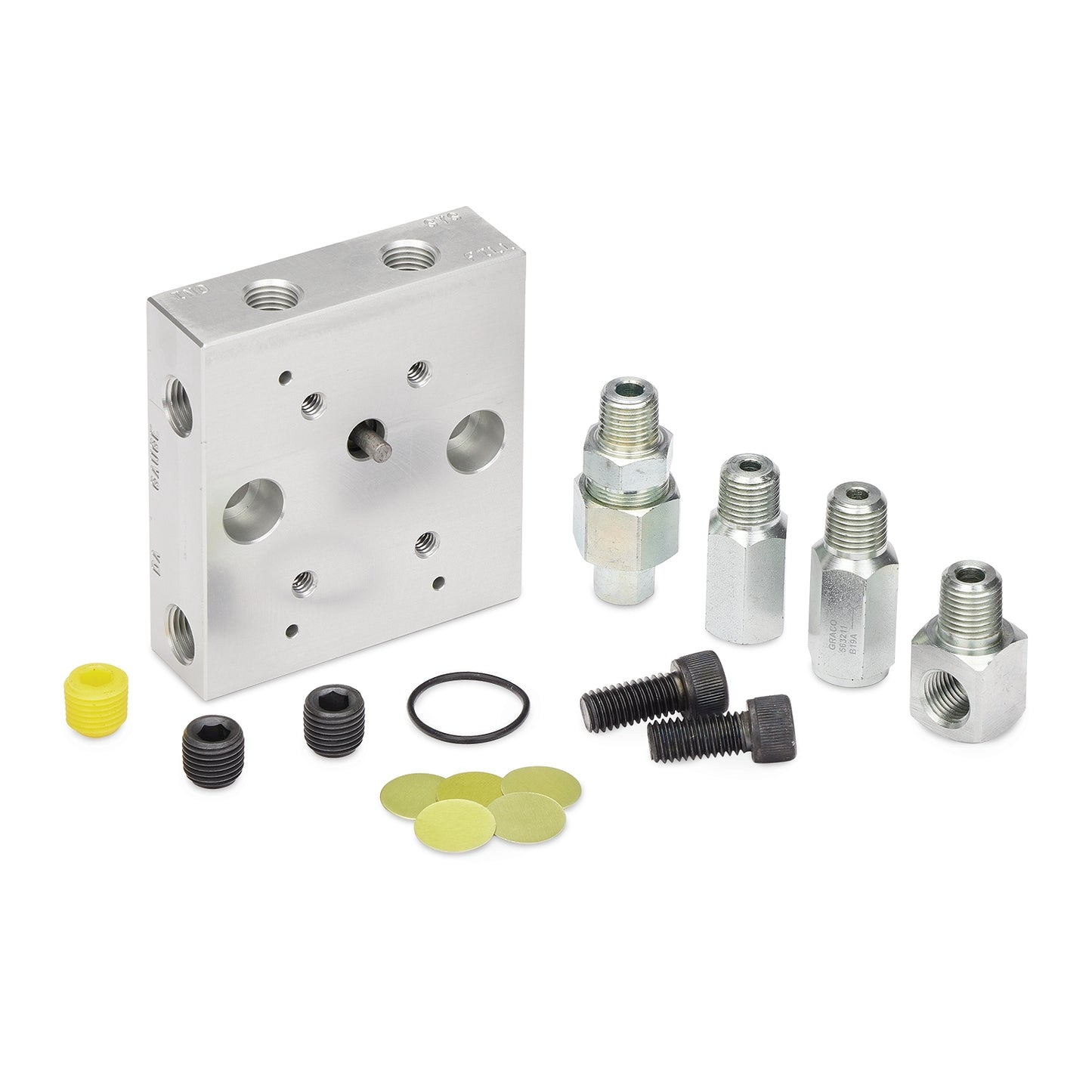 GRACO Baseplate Manifold Kit for Modu-Flo Pumps, NPSF (NPT), Reservoir Mount, Outlet/Fill Check Valves, Tubed Blowout (Part No. 563336)