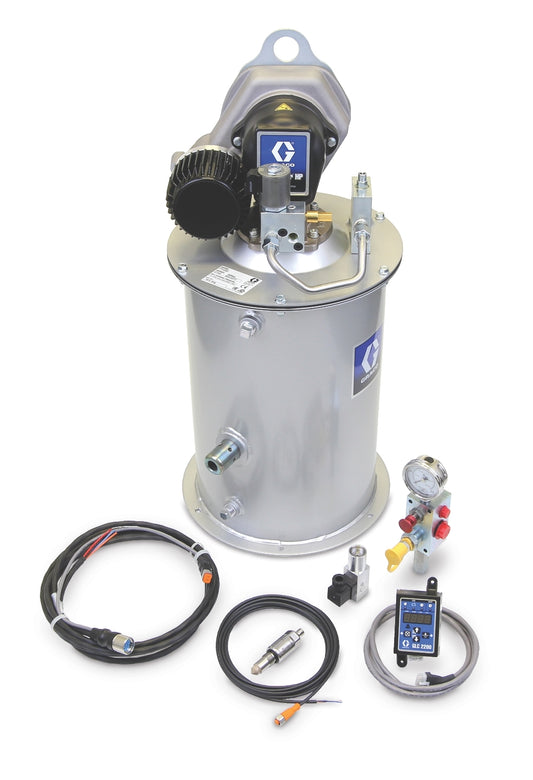 GRACO Dyna-Star® 24 VDC HP Pump with Auto-Fill Shut Off, Low Level Sensor, GLC 2200, Wiring Harness, Cables, Pressure Switch, Remote Fill Manifold for 90 lb (41 kg) Reservoir (Part No. 77X990)