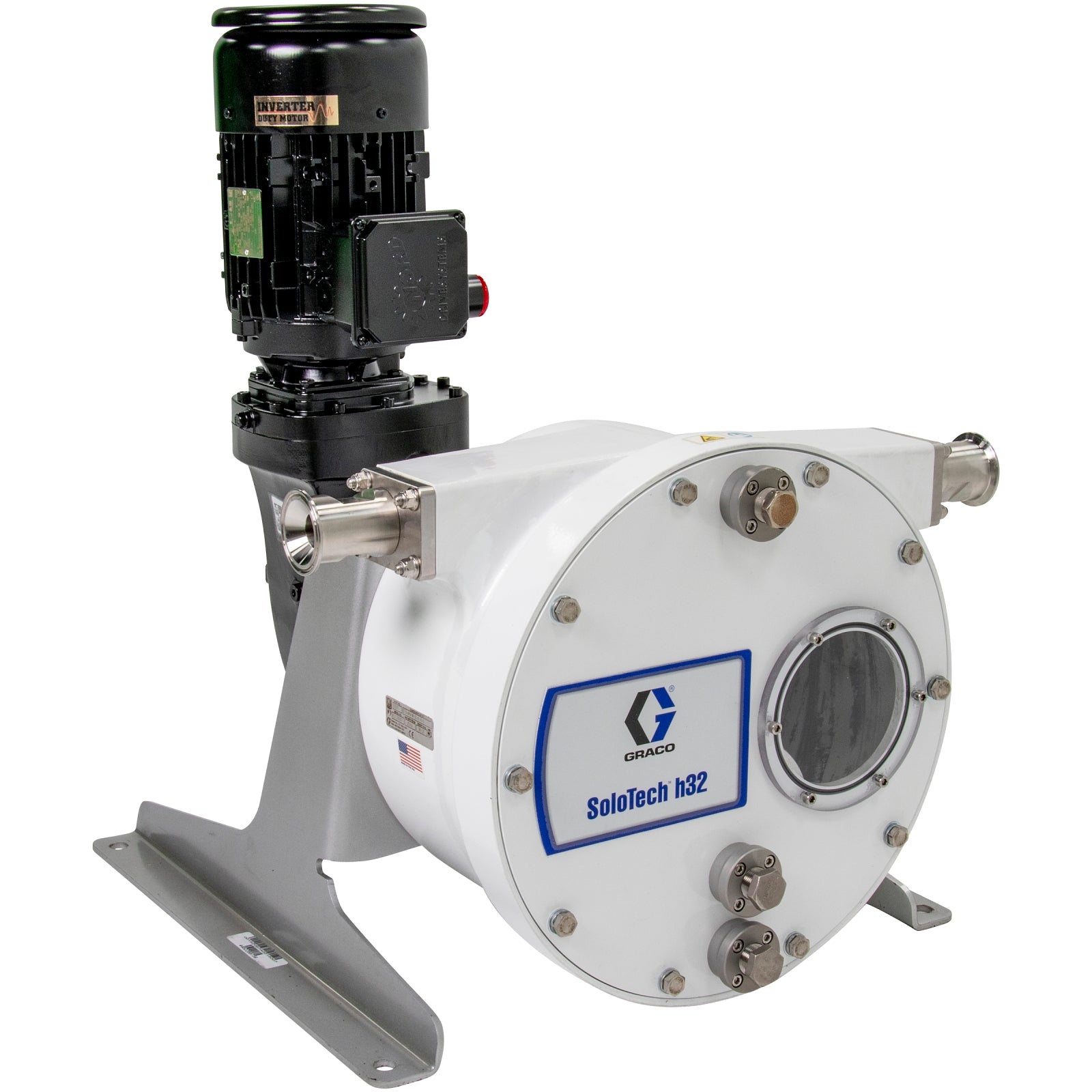 GRACO SoloTech™ h32 Peristaltic Pump, 0.5 hp AC motor with low-speed gear reducer, .37-2.2 gpm, FDA Nitrile Hose, SST Sanitary Clamp Barb (Part No. 19D082)
