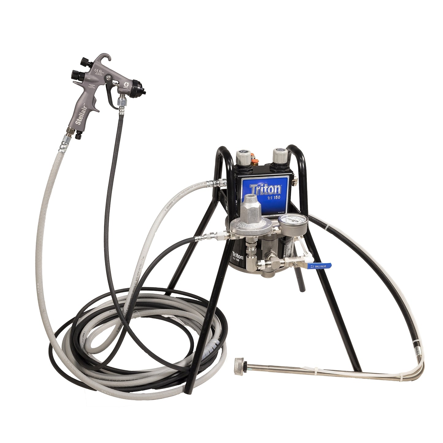 GRACO Triton Alum Spray Package, Stand, 60 psi Regulator, Suction, Air & Fluid Hoses, Stellair HVLP Gun .055 in (1.4 mm) Nozzle for Metal Applications (Part No. 233477)