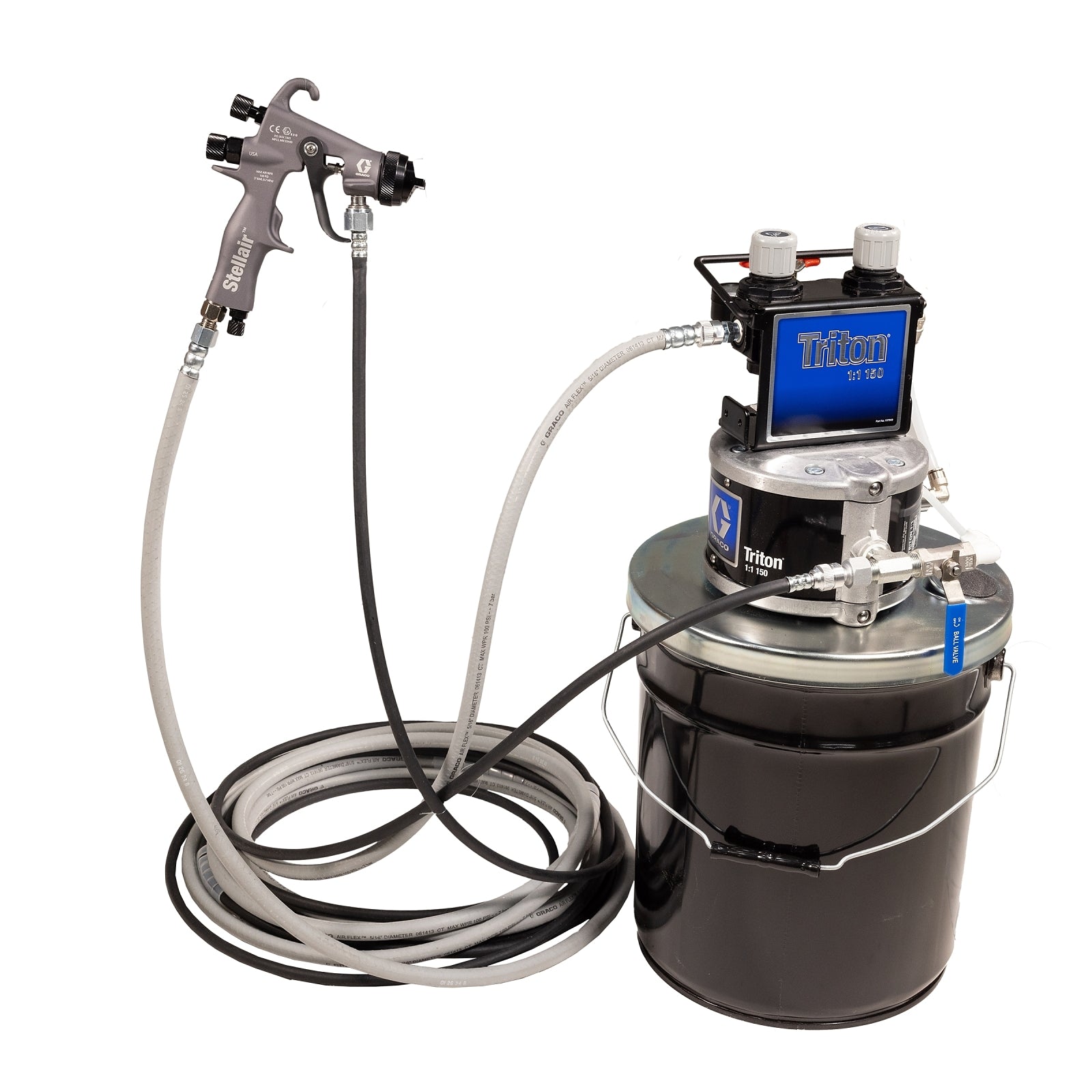 GRACO Triton Alum Spray Package, Pail, Suction, Air & Fluid Hoses, Stellair Conventional Gun .055 in (1.4 mm) Nozzle for Metal Applications (Part No. 233468)