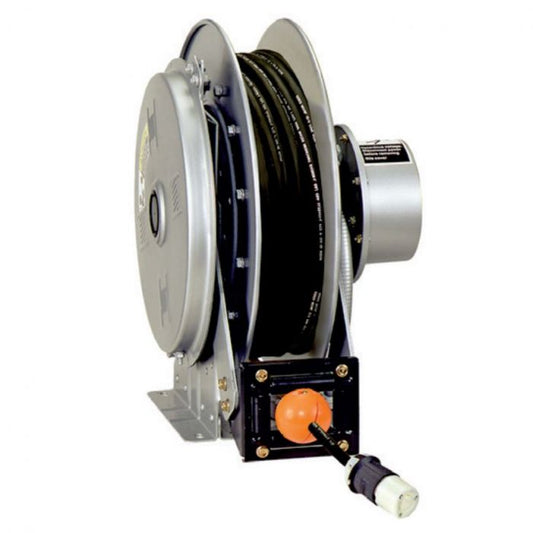Hannay Reel Nscr716-23-24-15.5G | Hose & Cable Reel | 3 Cond 45A, 100' 12/3 Black Cable, 15A Straight Blade Receptacle, Hs-35 Spec Roller Position – Durable Industrial Cable Management