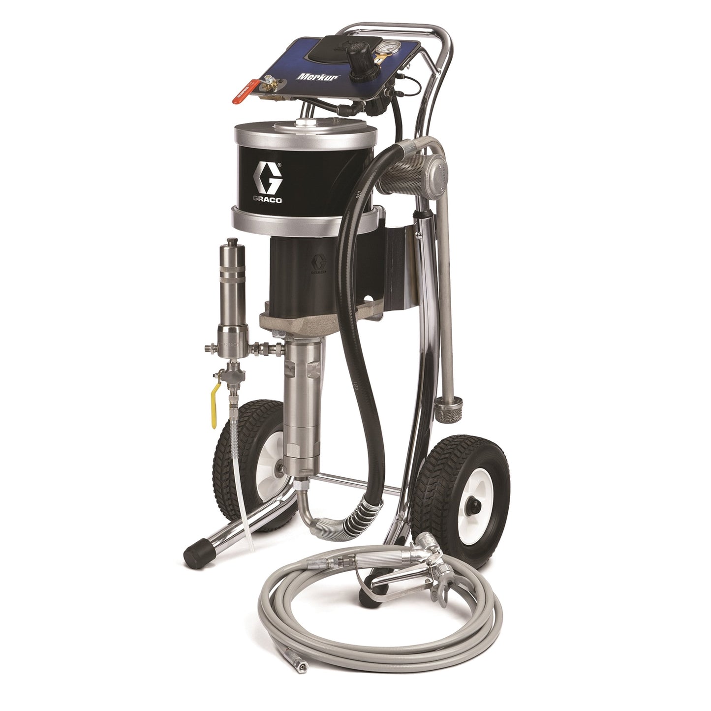 GRACO Merkur 45:1 Cart-Mount Airless Spray Package, 1.5 gal hopper, XTR-5 Gun, 519 XHD Tip, 25 ft (7.6 m) FluidHose, FluidFilter, DrainValve (Part No. G45C05)