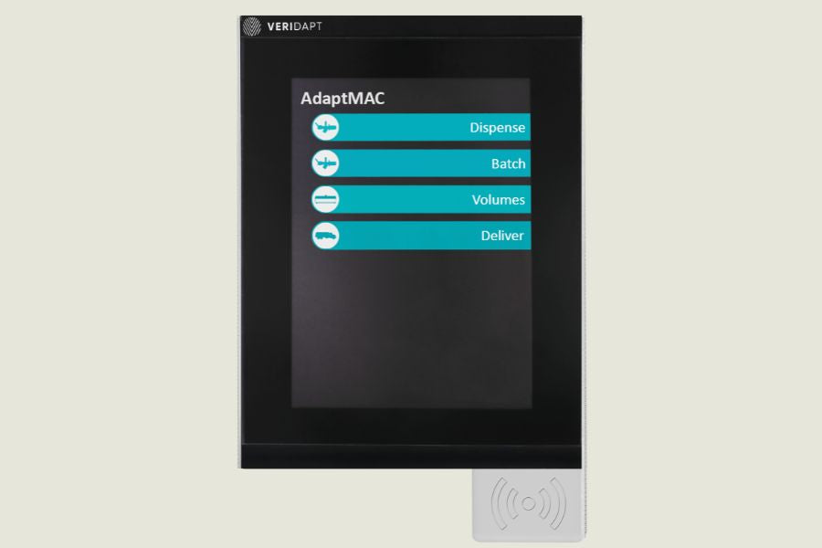 VERIDAPT AdaptMAC dispense terminal with card reader, showing dispense, batch, volumes and deliver options
