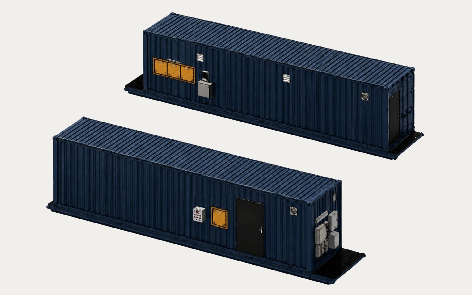 3D rendering of the two Innoflo LI2300 module containers, showing the exterior access doors, control panel and ventilation louvres