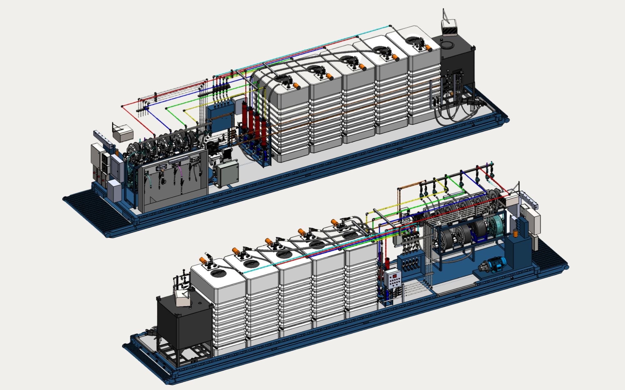 3D rendering of the LI2300 module's internal layout, showing stationary storage tanks, filtration racks, hose reels and the hydraulic power unit