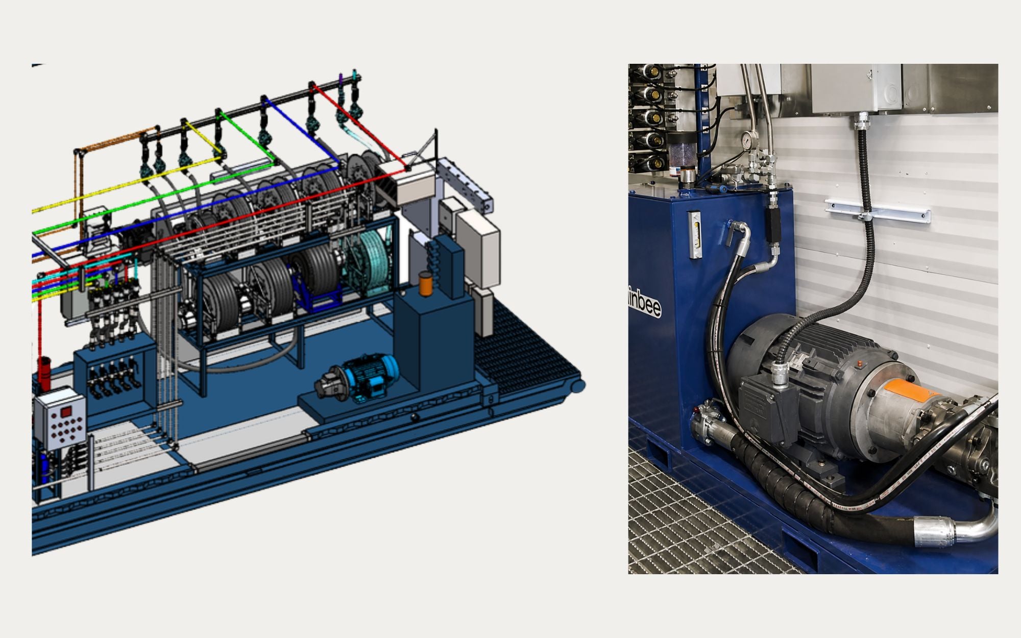 Skid layout of the lube island alongside a photograph of the integrated hydraulic power unit that drives dispensing